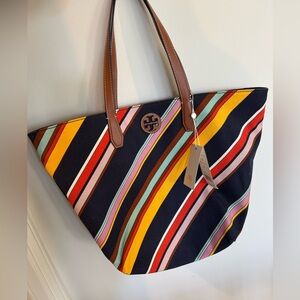 TORY BURCH Canvas Leather Trim Multi Color Tote For Shopping/beach/book Bag NWT